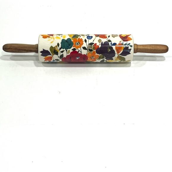 The Pioneer Woman Harvest Fall Flower Ceramic Rolling Pin w/ Acacia Handles - Picture 1 of 9